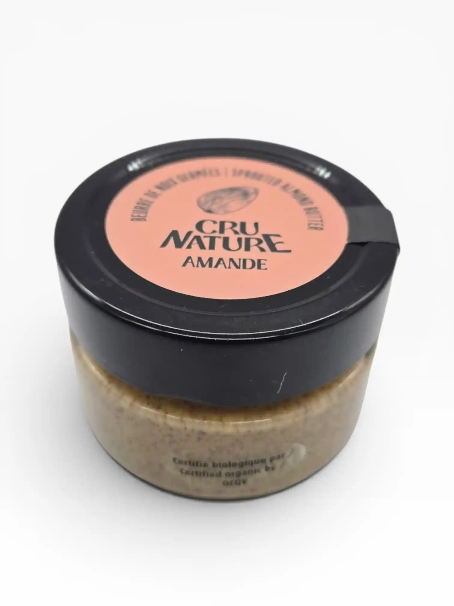 Couvercle du pot de beurre d'amandes germées, crues et biologiques Cru Nature, certifié biologique
