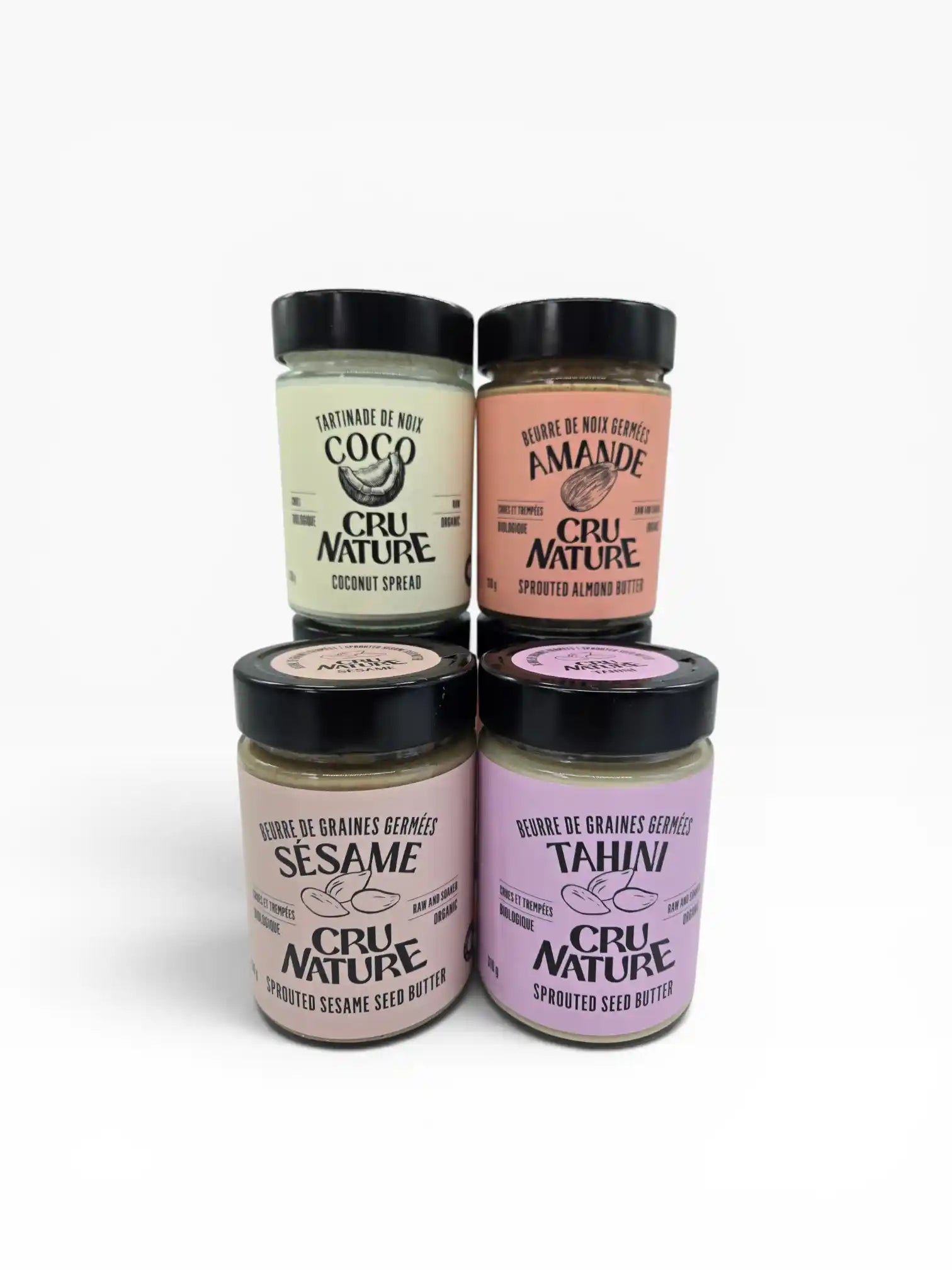 Gamme de beurres de noix et graines crues biologiques Cru Nature : coco, amande, sésame et tahini, moulus sur pierre au Québec