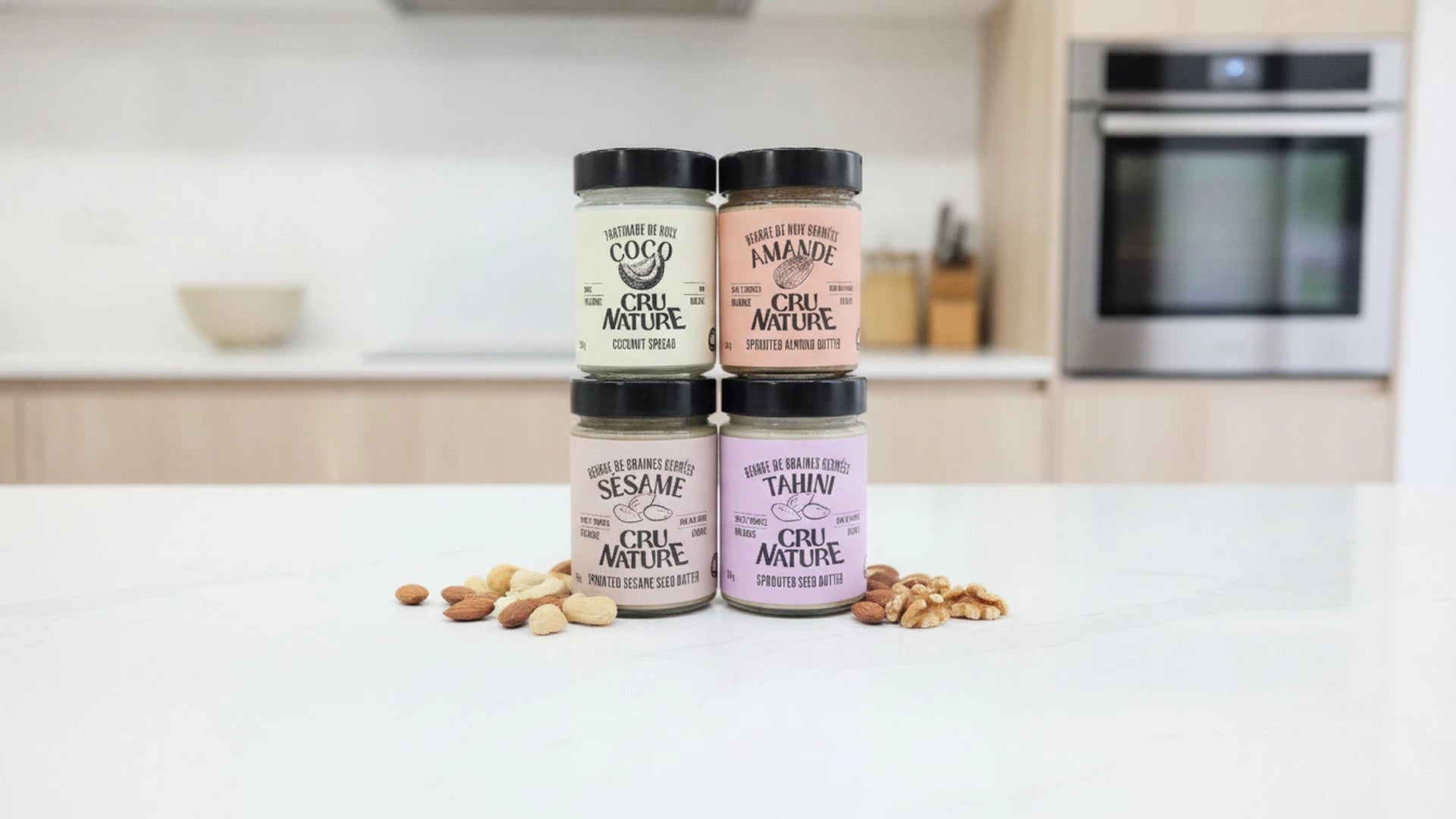 Beurres de noix et graines crues et biologiques Cru Nature (coco, amande, sésame, tahini) faits au Québec 
