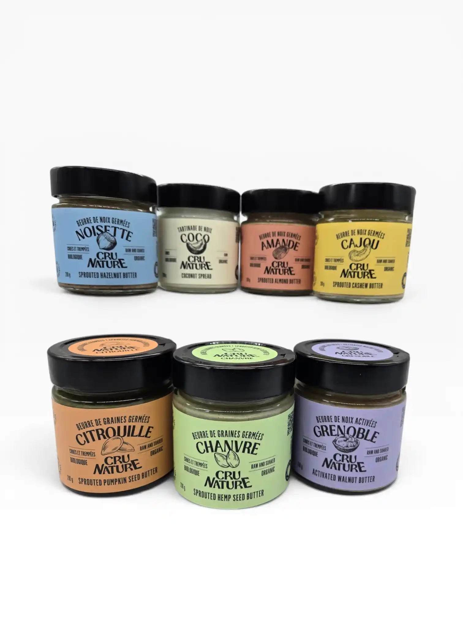 Gamme complète de beurres de noix et graines crues biologiques Cru Nature : noisette, coco, amande, cajou, citrouille, chanvre et noix de Grenoble, moulus sur pierre au Québec