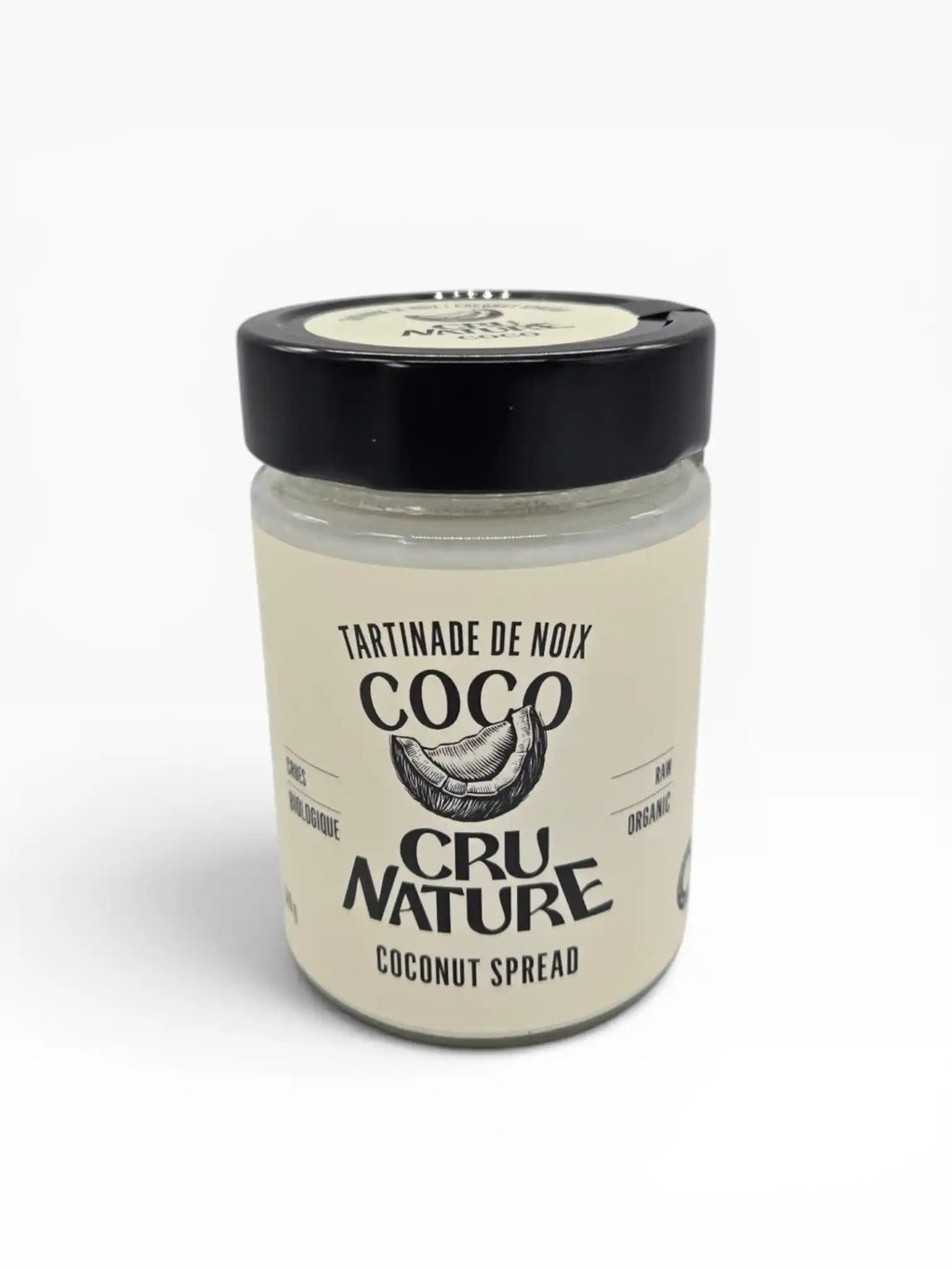 Vue rapprochée du pot de tartinade de noix de coco crue et biologique Cru Nature